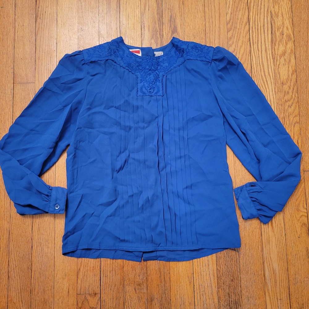Nilani Blue Embroidered Pleats Button Back Long Sleeve Blouse 2 Cottage Academia